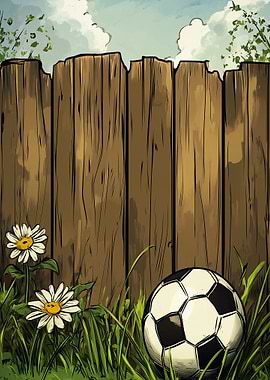 Soccer ball and daisies by fence