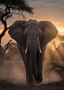 Elephant Walking at Sunset