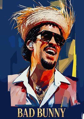 Bad Bunny Portrait with Straw Hat