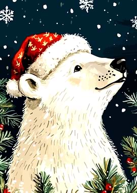 Christmas Polar Bear with Santa Hat