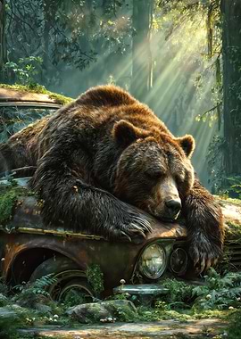 Peaceful Bear On Mossy Car