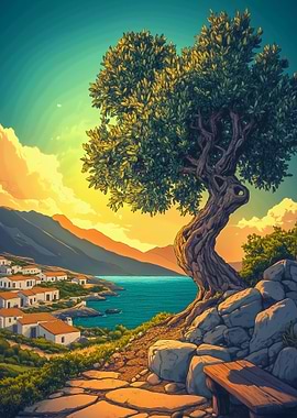 Coastal Village with Olive Tree