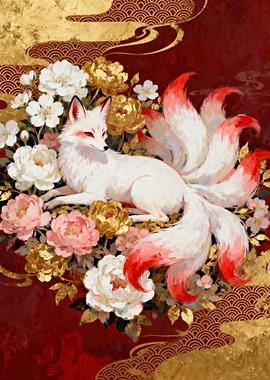 Nine-tailed Kitsune Fox with Flowers