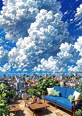 Rooftop view with clouds and cityscape