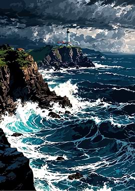 Lighthouse on Rocky Coastline