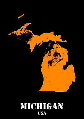Michigan USA State Minimalist Black Orange Topographic Contour Relief Map featuring terrain in orange color