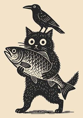 Cat, Crow, and Fish Illustration