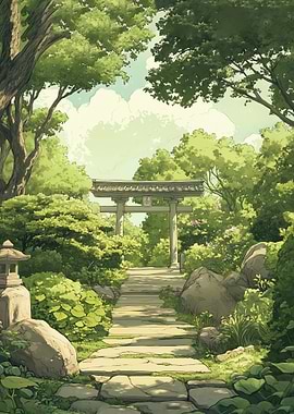 Japanese Garden Path with Torii Gate