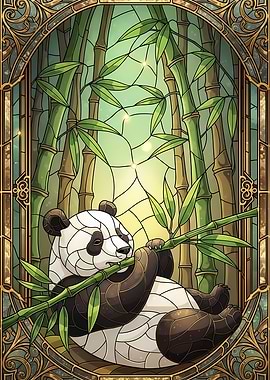 Panda in Bamboo Forest Stained Glass