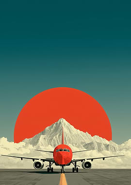 Red Airplane with Mountain and Sun
