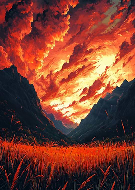 Fiery Sky Over Mountain Valley