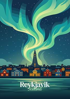 Reykjavik Iceland Nightscape Illustration