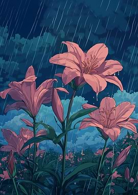 Pink Lilies in the Rain
