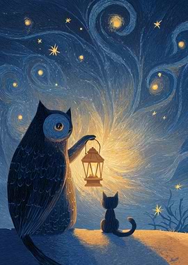 Owl, Cat, and Lantern Under Starry Sky