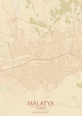 Malatya, Türkiye Vintage Style Map Art