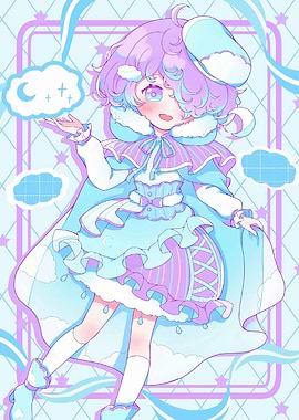 Pastel Anime Girl with Cloud