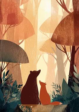 Bear and Fox in Autumn Forest