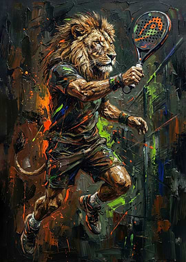 Lion playing padel tennis painting
