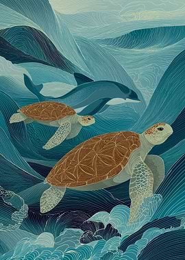 Turtles and Dolphin in Ocean Waves