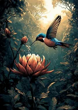 Hummingbird and Lotus Flower Illustration