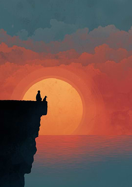 Cliffside Silhouette with Dog at Sunset