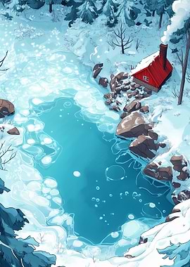 Winter Cabin by Frozen Lake