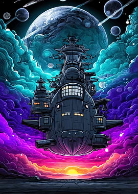 Space Battleship Amidst Cosmic Clouds