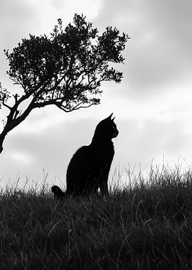 Black Cat Silhouette Under Tree
