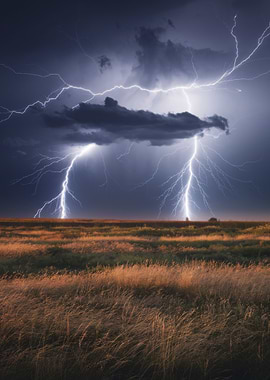 Lightning Strikes Over Golden Field