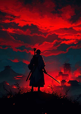 Samurai Silhouette Against Burning Landscape