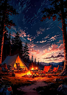 Night Camping Scene with Bonfire