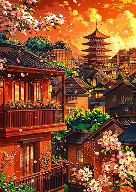 Japanese cityscape with pagoda and cherry blossoms