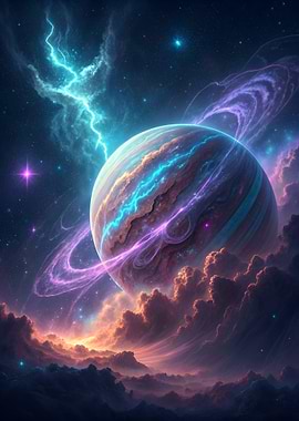 Jupitar Planet with Rings and Lightning