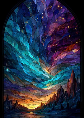 Stained Glass Landscape with Starry Sky