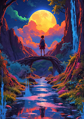 Girl on Bridge Under Full Moon