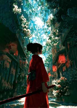 Red Kimono in Japanese Alleyway