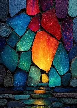 Colorful Stone Wall with Glowing Inlays