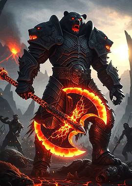 Armored Bear Warrior Fiery Axe