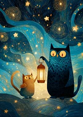 Two Owls with Lantern