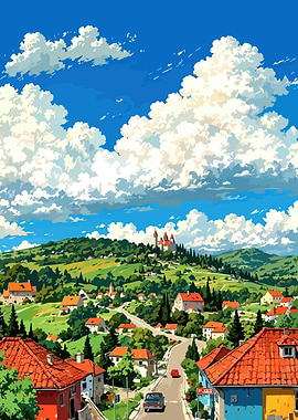 Scenic Village Landscape with Castle
