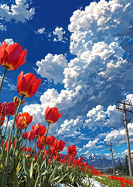 Red Tulips Field Under Cloudy Sky