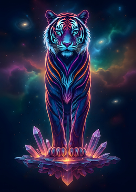 Cosmic Neon Tiger on Crystal Throne – Glowing Galactic Warrior