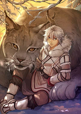 Boy and Lynx in Winter Forest