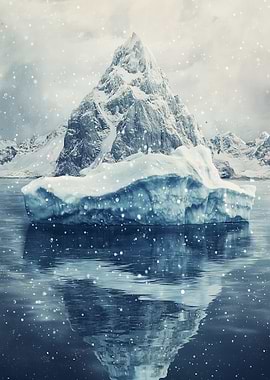 Iceberg and Mountain in Snowy Landscape
