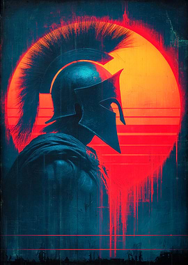 Spartan Warrior with Retro Sunset