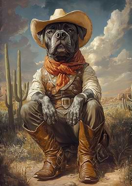 Cane Corso Dog Cowboy in Desert Landscape | Western Dog Art