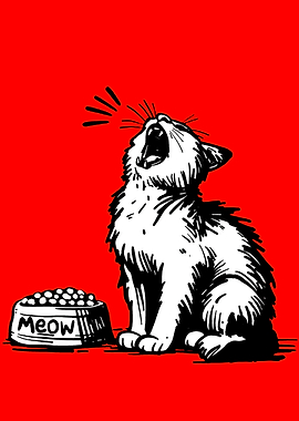Meowing Cat with Food Bowl