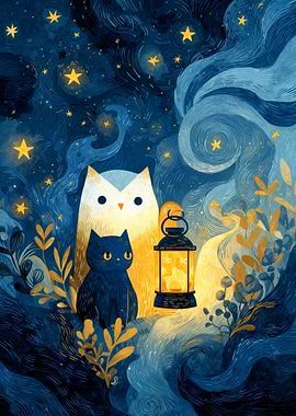 Owl, Cat, and Lantern Night Scene