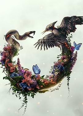 Snake and Bird Floral Wreath