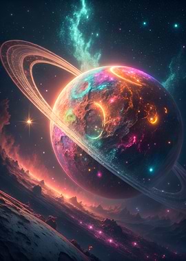 Colorful Ringed Planet in Space